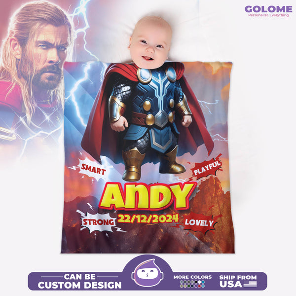 Personalized Baby Thor Blanket – Superhero Custom Name & Date Fleece Gift for Boys